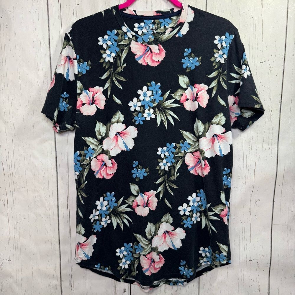 Hollister Mens Black Floral Curved Hem Tee Shirt Size L Tropical Coastal Surf
